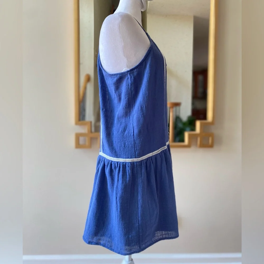 SAGE the Label Blue Halter Mini Dress White Ric Rac Trim Keyhole Neck Small - Picture 2 of 12